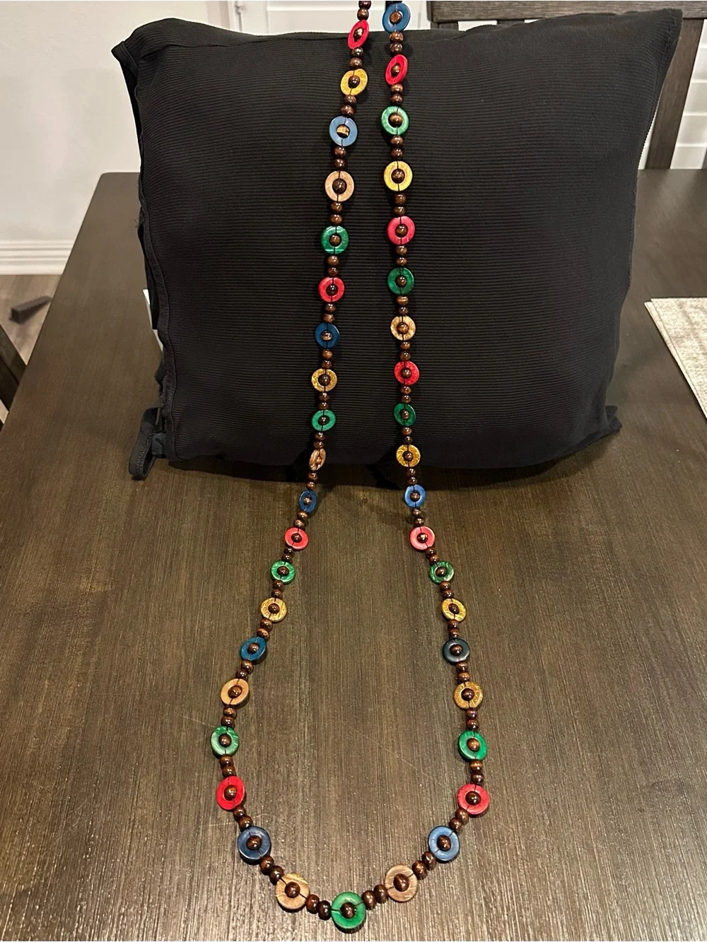 Vintage Bohemian Long Multi-Color Wood & Coconut Shell Disc Strand Neckla